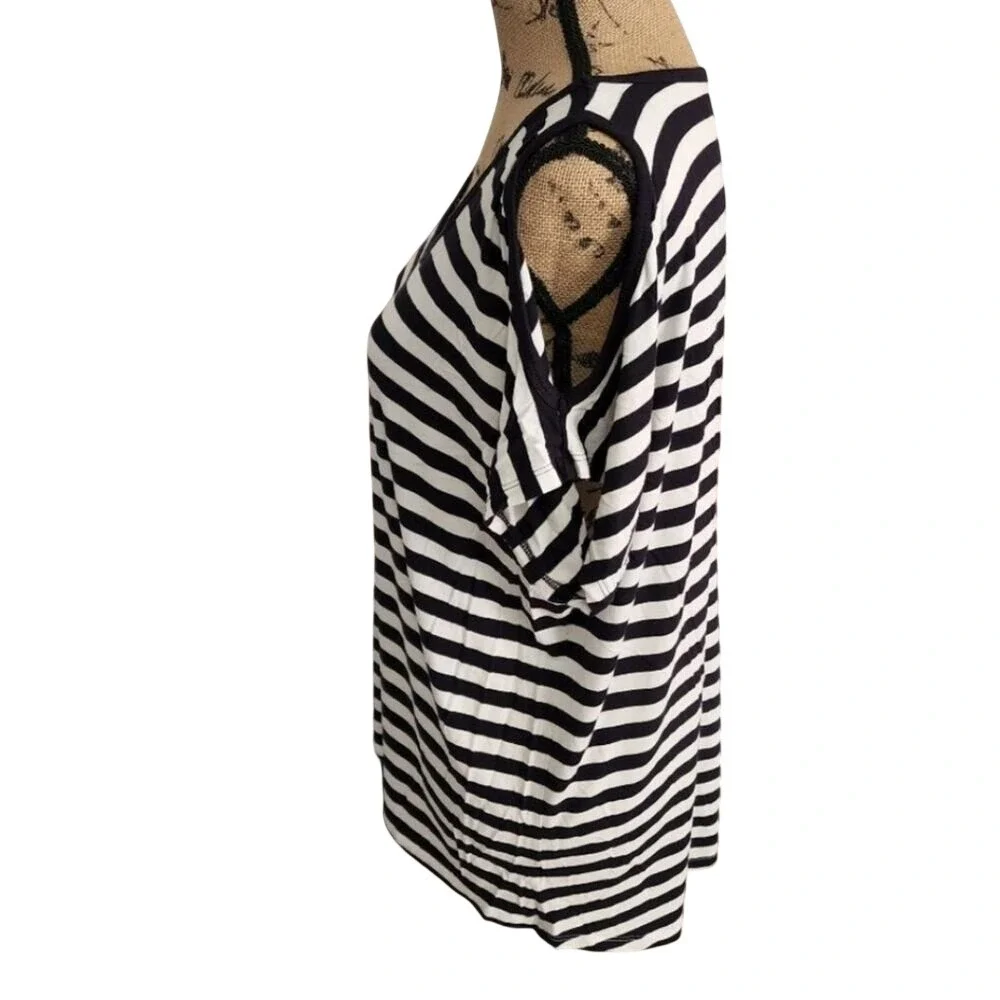 Michael Kors Black White Striped Cold Shoulder Scoop‎ Neck Top Tee